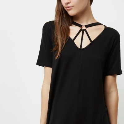 Petite black harness neck oversized T-shirt